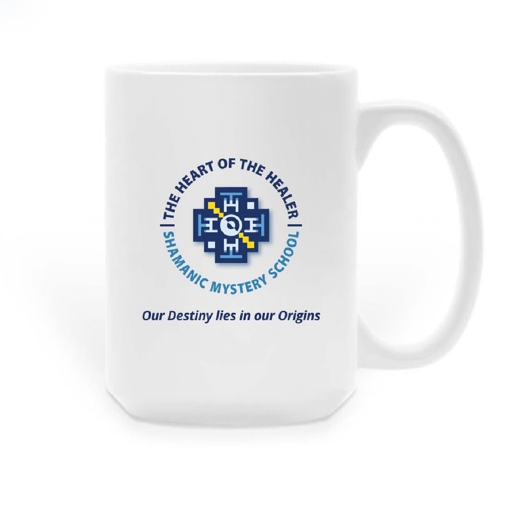 White coffee mug that fits comfortably in the hand featuring the THOTH logo, name written in blue in a circle around it, and the motto Our Destiny Lies in our Origins