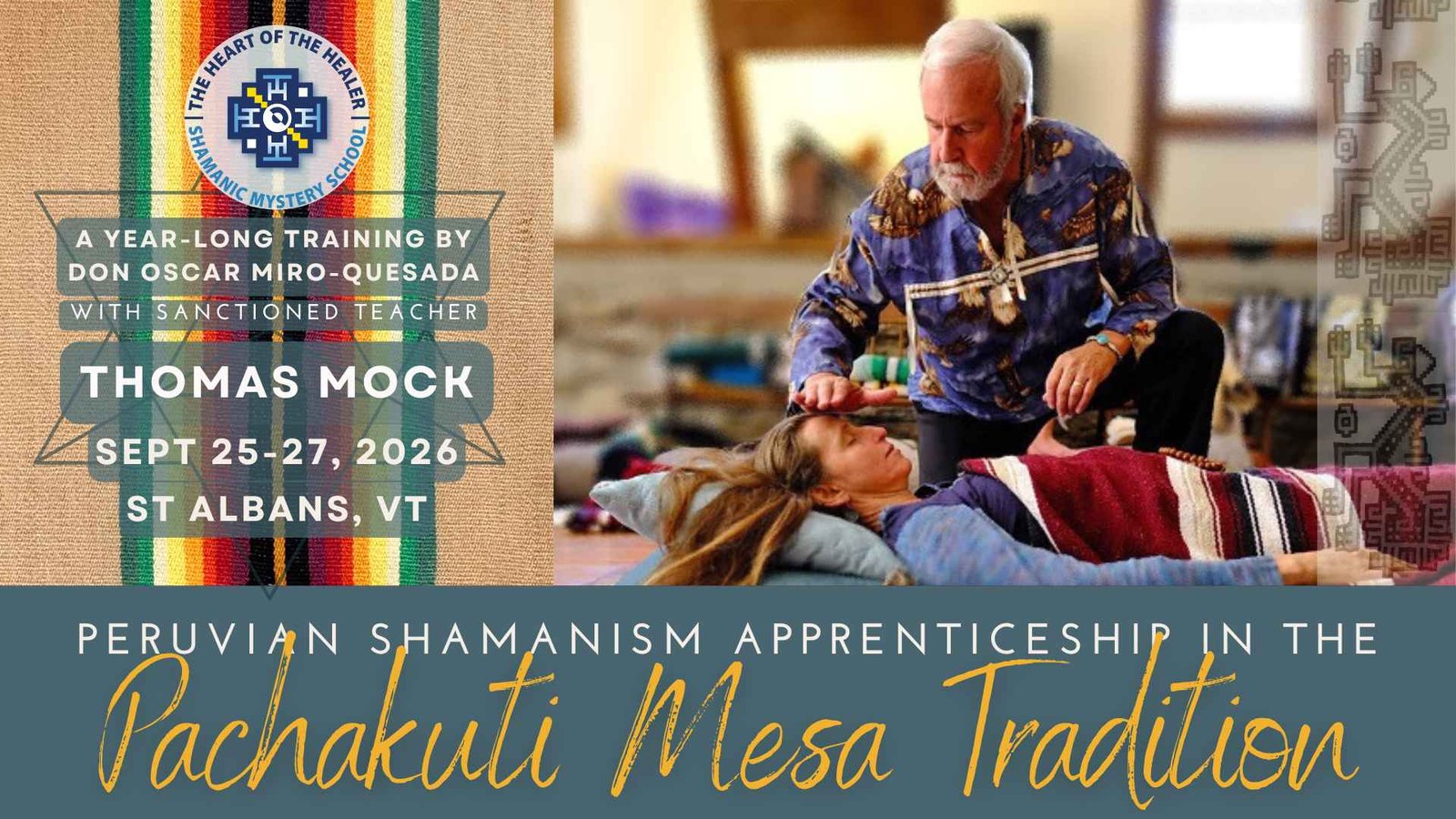 A colorful graphic features a photo of Thomas using energy healing on a young woman laying on blankets, with text showing the title and dates of this apprenticeship.